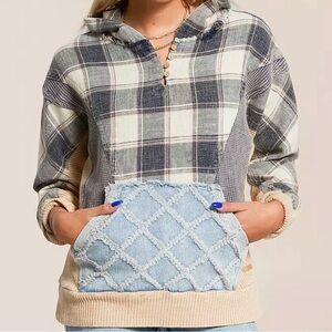BKE Plaid Button Henley Pullover in Navy, Cream, and Brown